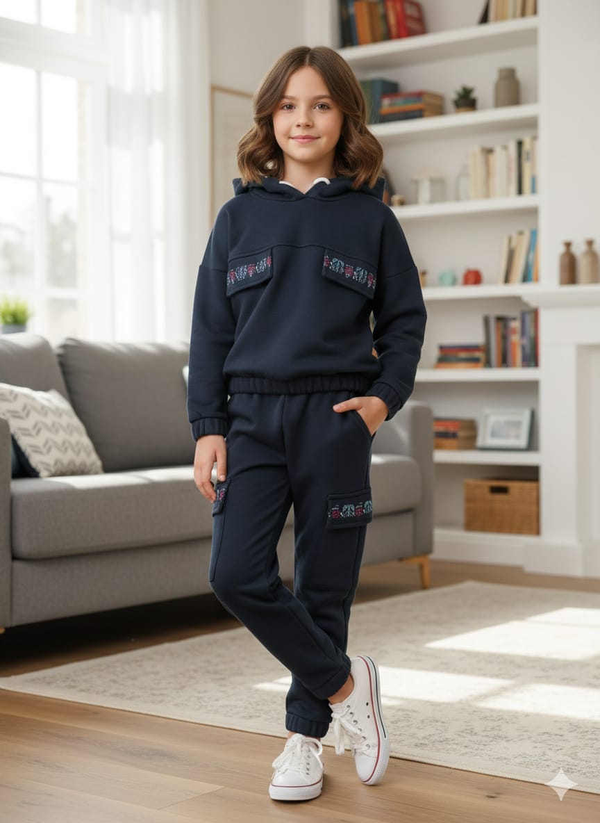 Two Pocket Navy Hoodies Track-suit Girls ( Factory )