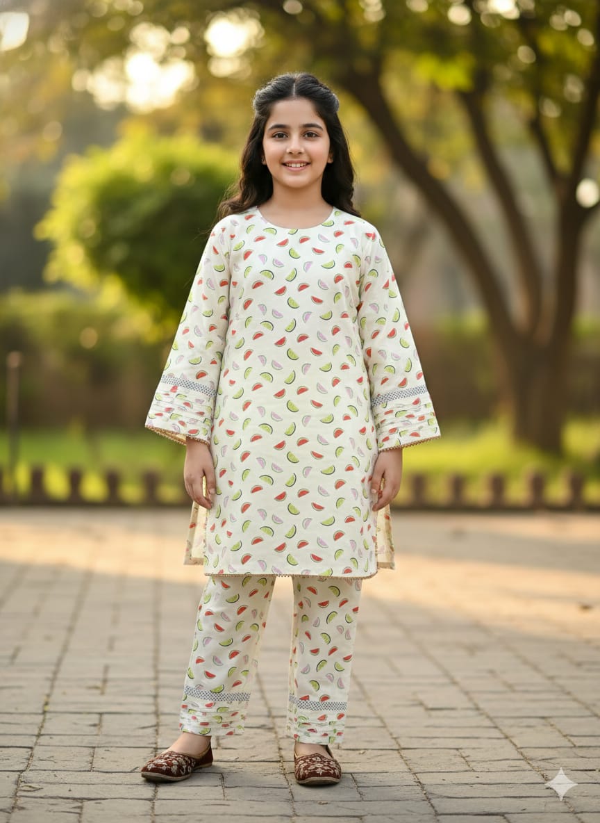 Watermelon All Over Print Cream Pairs Girls ( R-189 ) Factory