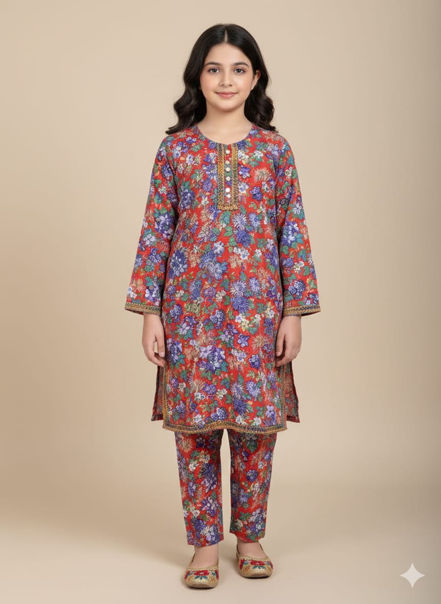 Multi Flower All Over Print Red Pairs Girls ( R-198 ) Factory
