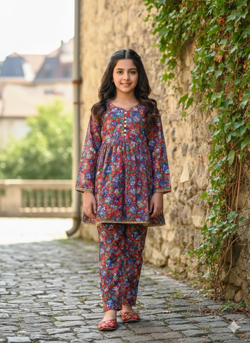 Multi Flower All Over Print Red Frock Girls ( R-165 ) Factory