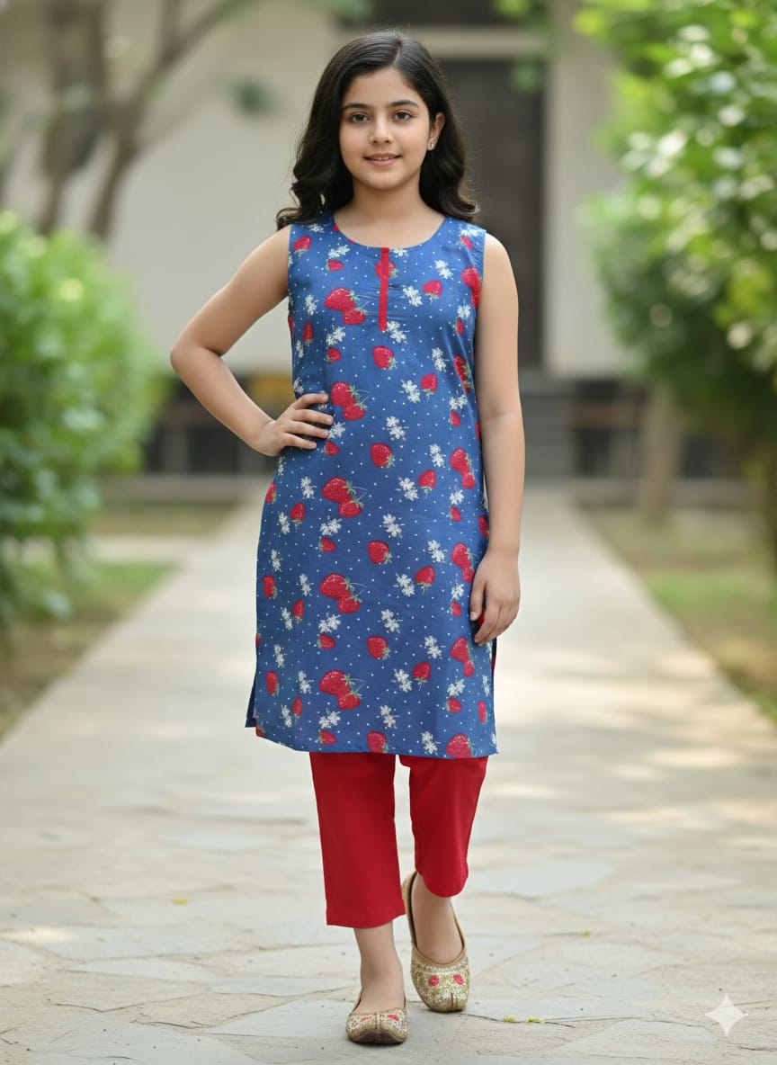 Strawberry All Over Print Blue Pairs Girls ( R-156 )