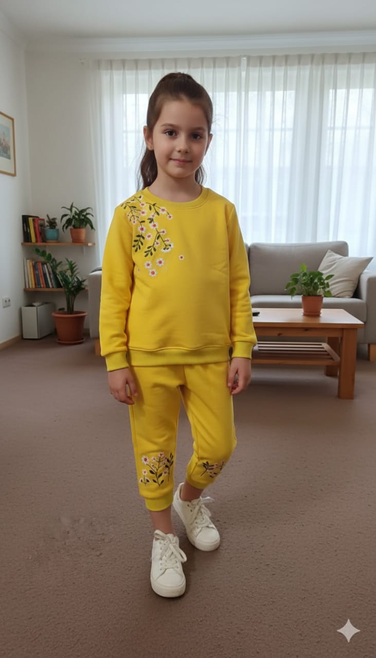 Petal Glow Embroidery Yellow Track-Suit Girls ( Factory )