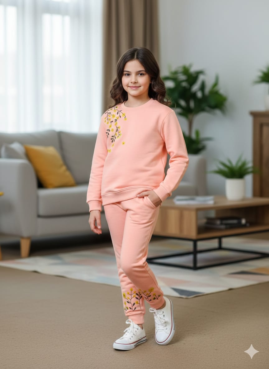 Petal Glow Embroidery Peach Track-Suit Girls ( Factory )