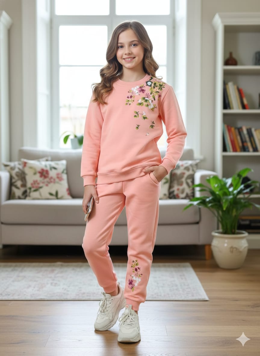 Right Side Embroidery Peach Track-suit Girls ( R-14)