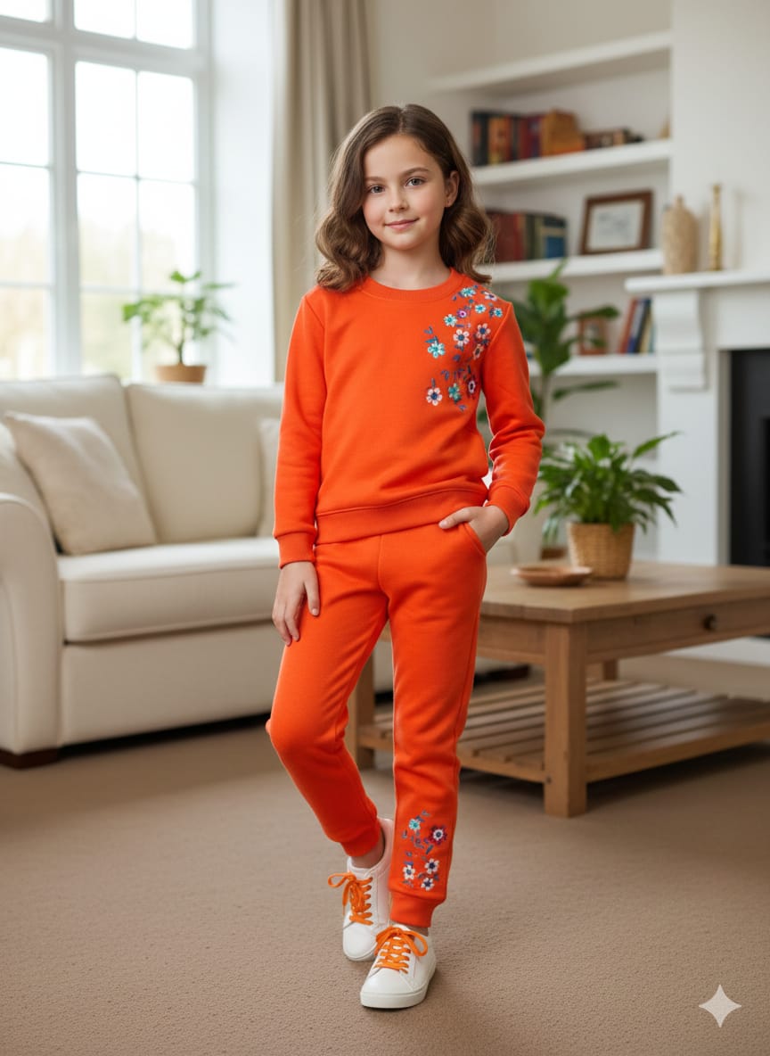 Right Side Flower Embroidery Orange Track-suit Girls ( Factory)