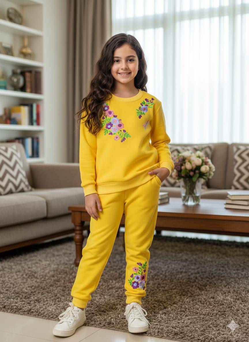 Amber Flower Embroidery Yellow Track-suit Girls ( Factory)