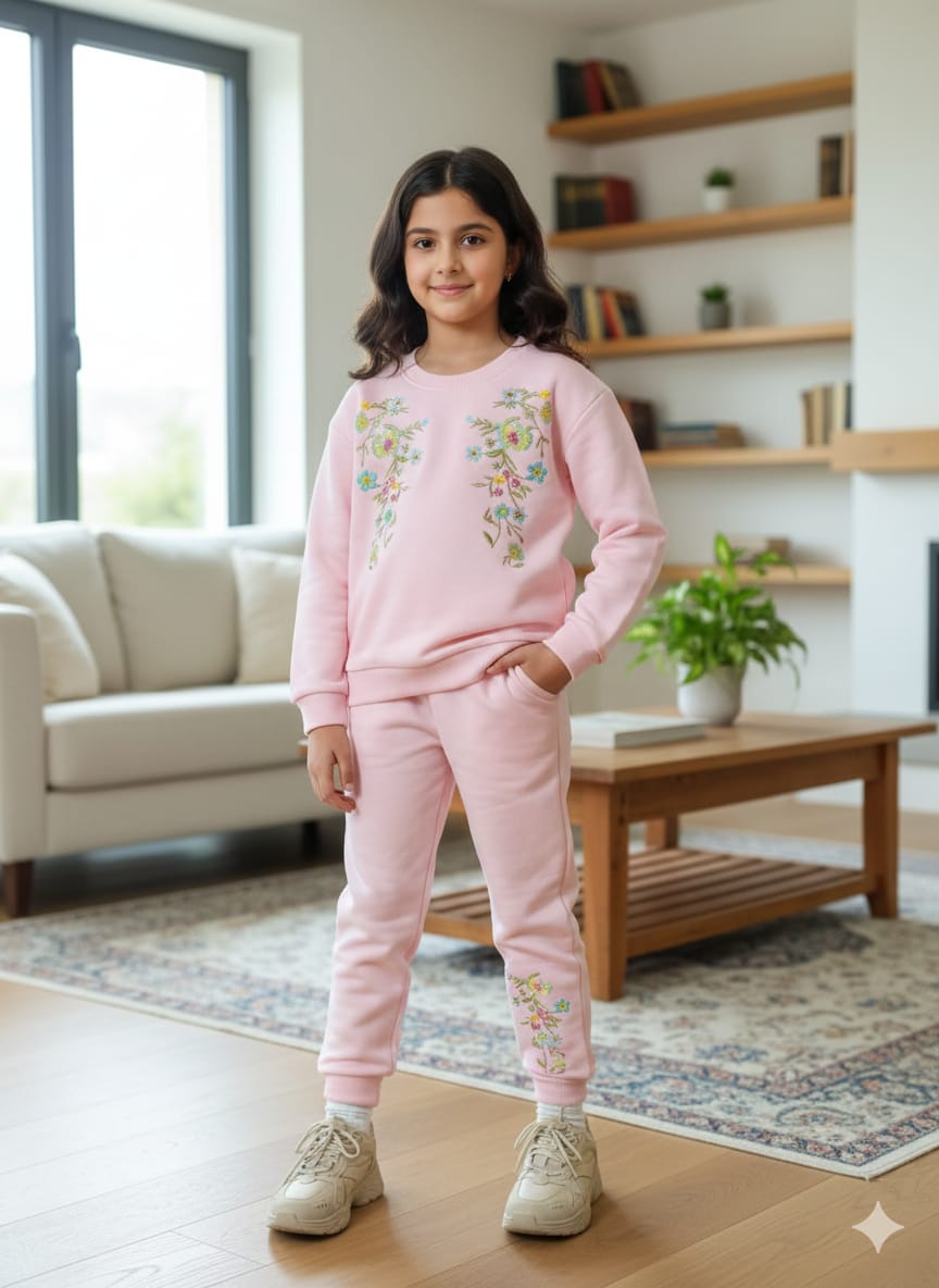 Two Side Embroidery Baby Pink Track-Suit Girls ( Factory )