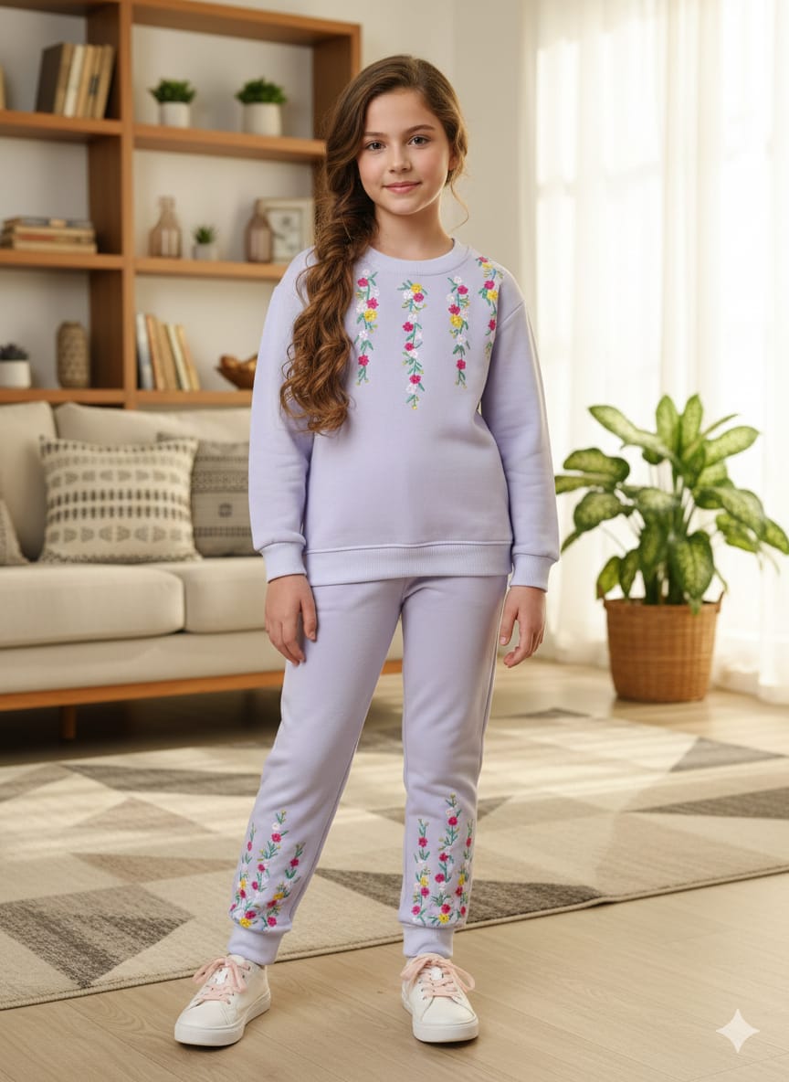 Five Line Embroidery Light Purple Track-suit Girls (Factory)