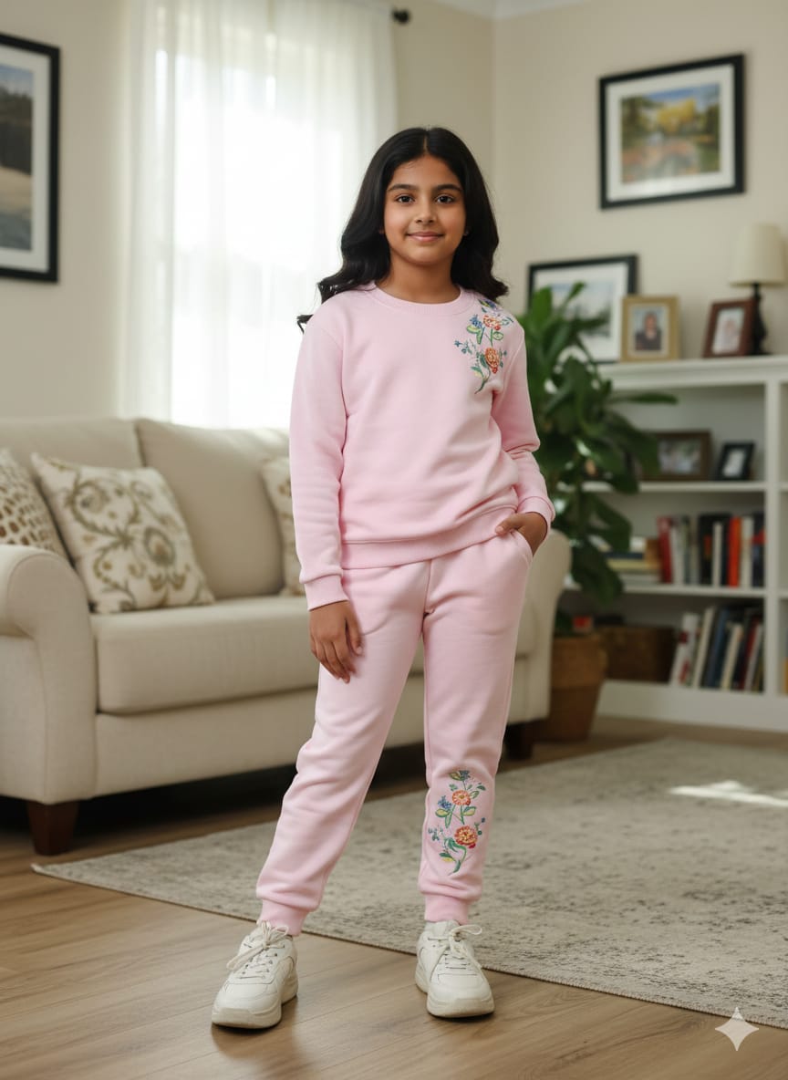 Rose Flower Embroidery Baby Pink Track-suit Girls ( Factory )