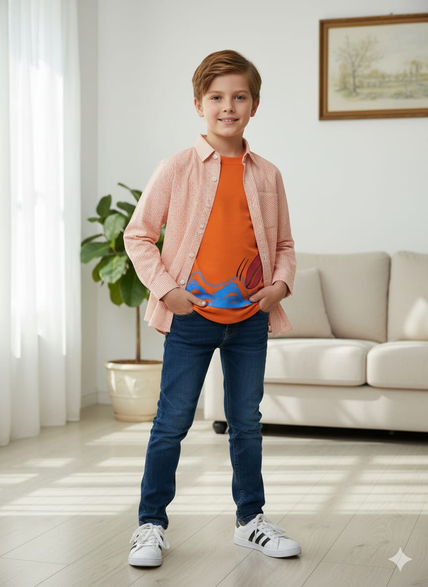 Good Grief Orange Check Full Sleeve D/Casual Shirt  Boys ( Factory )