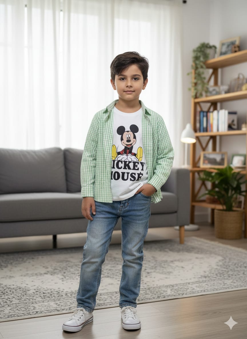 Mickey Mouse White Inner Parrot Check Full Sleeve D/Casual Shirt(R 372)