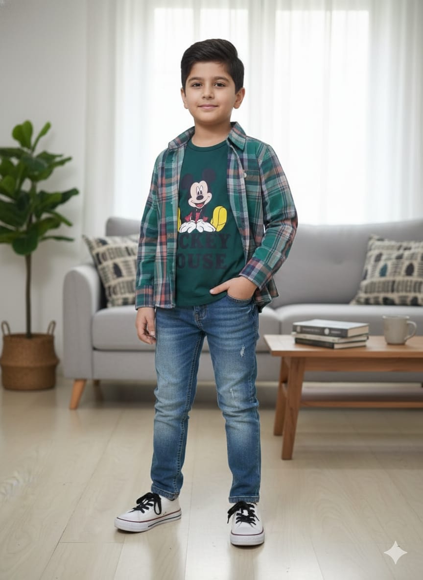 Mickey Mouse Green Inner Multi Check Full Sleeve D/Casual Shirt(R 373)