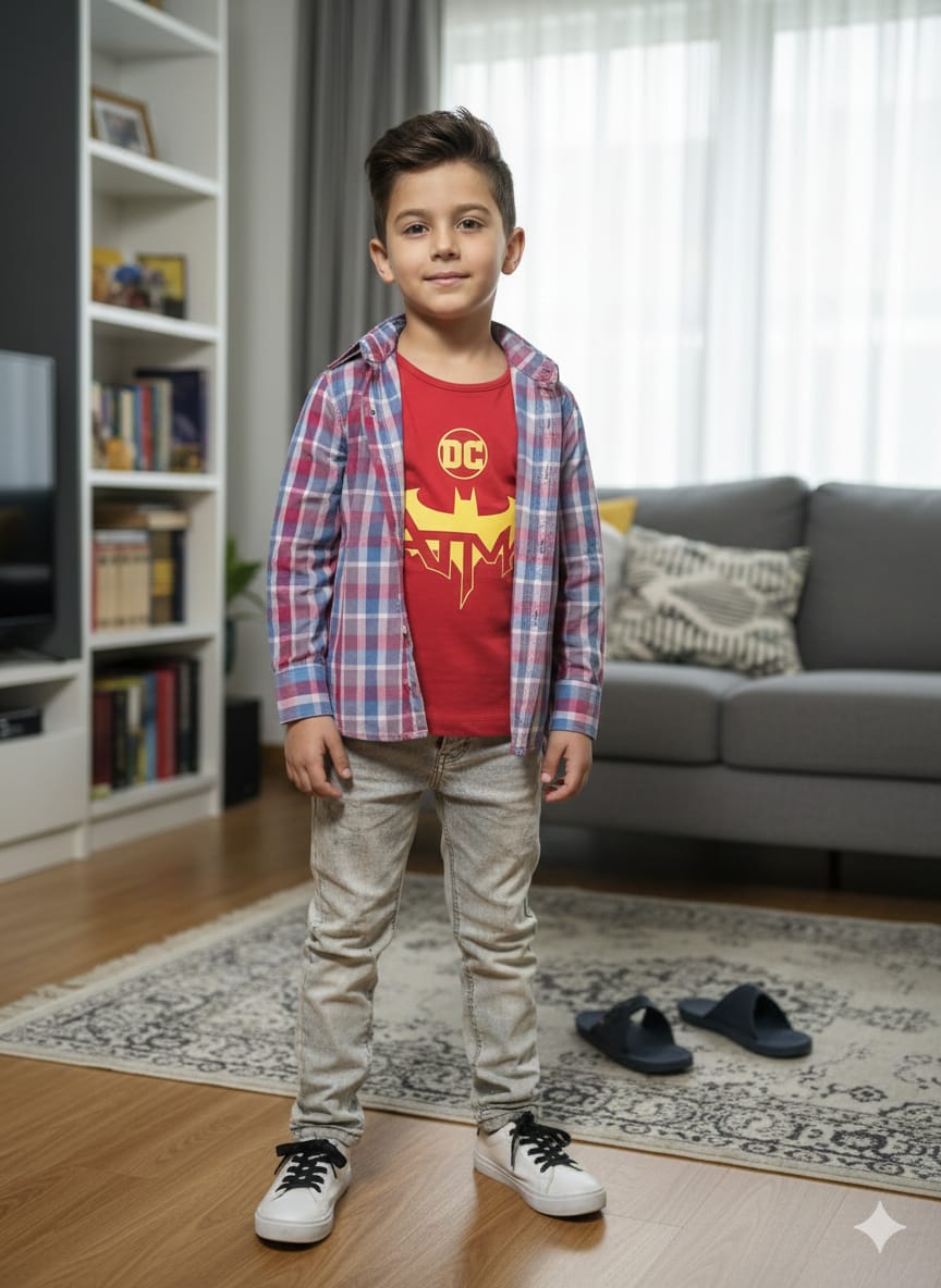 DC Red Inner Multi Check Full Sleeve D/Casual Shirt Boys(R 373)