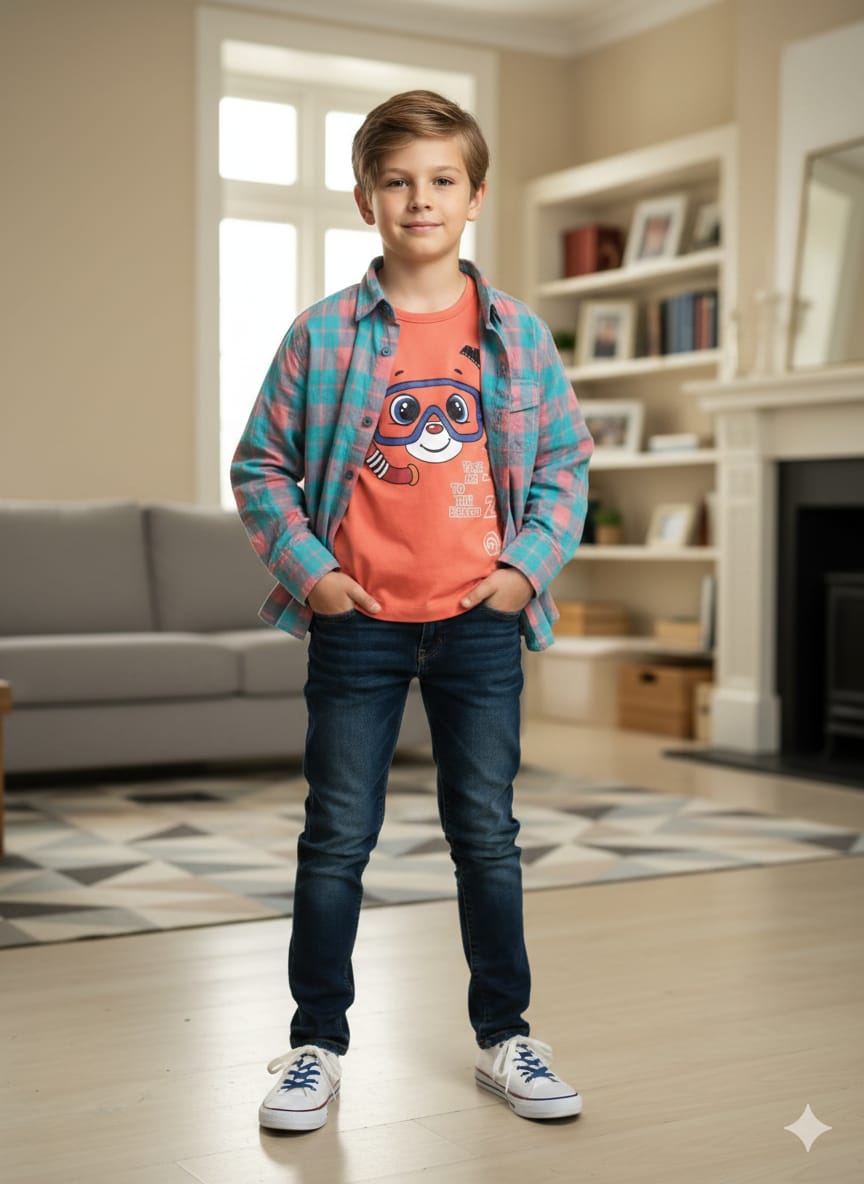 Diving Peach Inner Ferozi Check Full Sleeve D/Casual Shirt Boys(R 371)