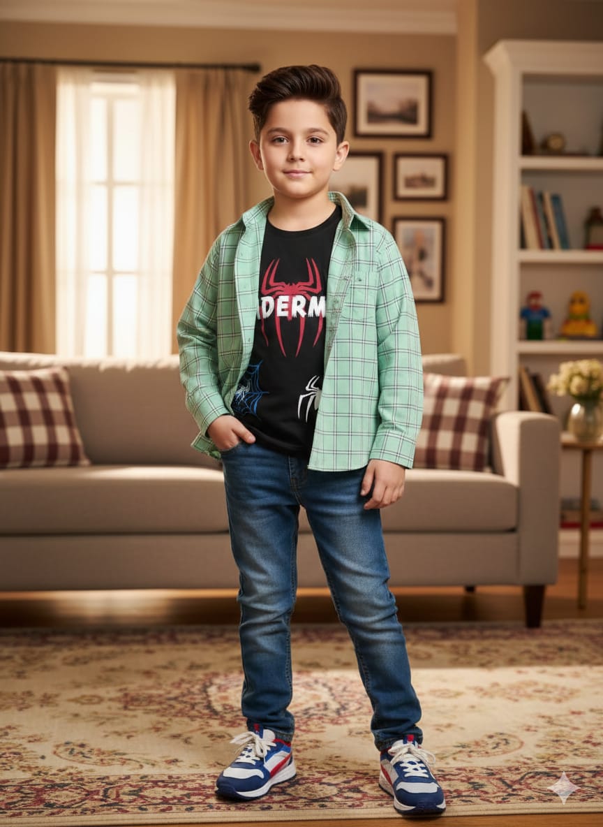 Spider Print Pista Check Full Sleeve D/Casual Shirt Boys(R 371)