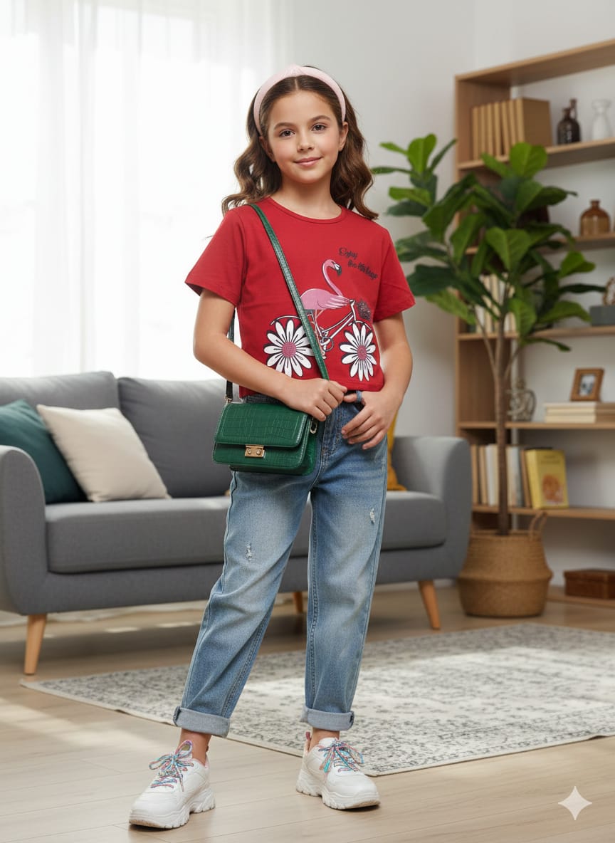 (Short Length)Flamingo Red  T-Shirt Girls ( R-421 )