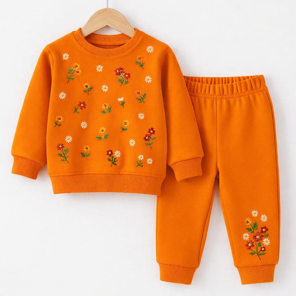 Embroidery All Over Orange Track-suit Girls ( R-6 )