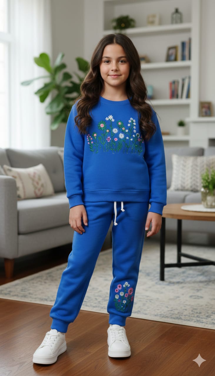 Floral Embroidery Royal Blue Track-Suit Girls ( Factory )