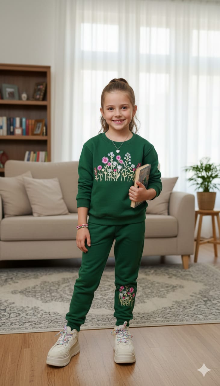 Floral Embroidery Dark Green Track-Suit Girls ( R[-104 )