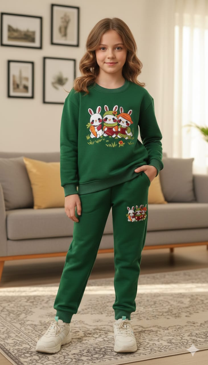 Rabbit Trio Embroidery Dark Green Track-Suit Girls ( Factory )
