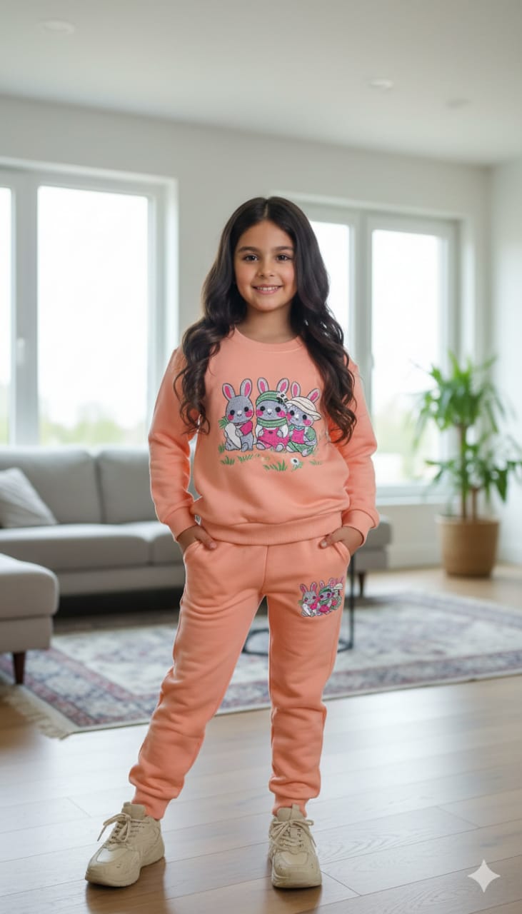 Rabbit Trio Embroidery Peach Track-Suit Girls ( Factory )