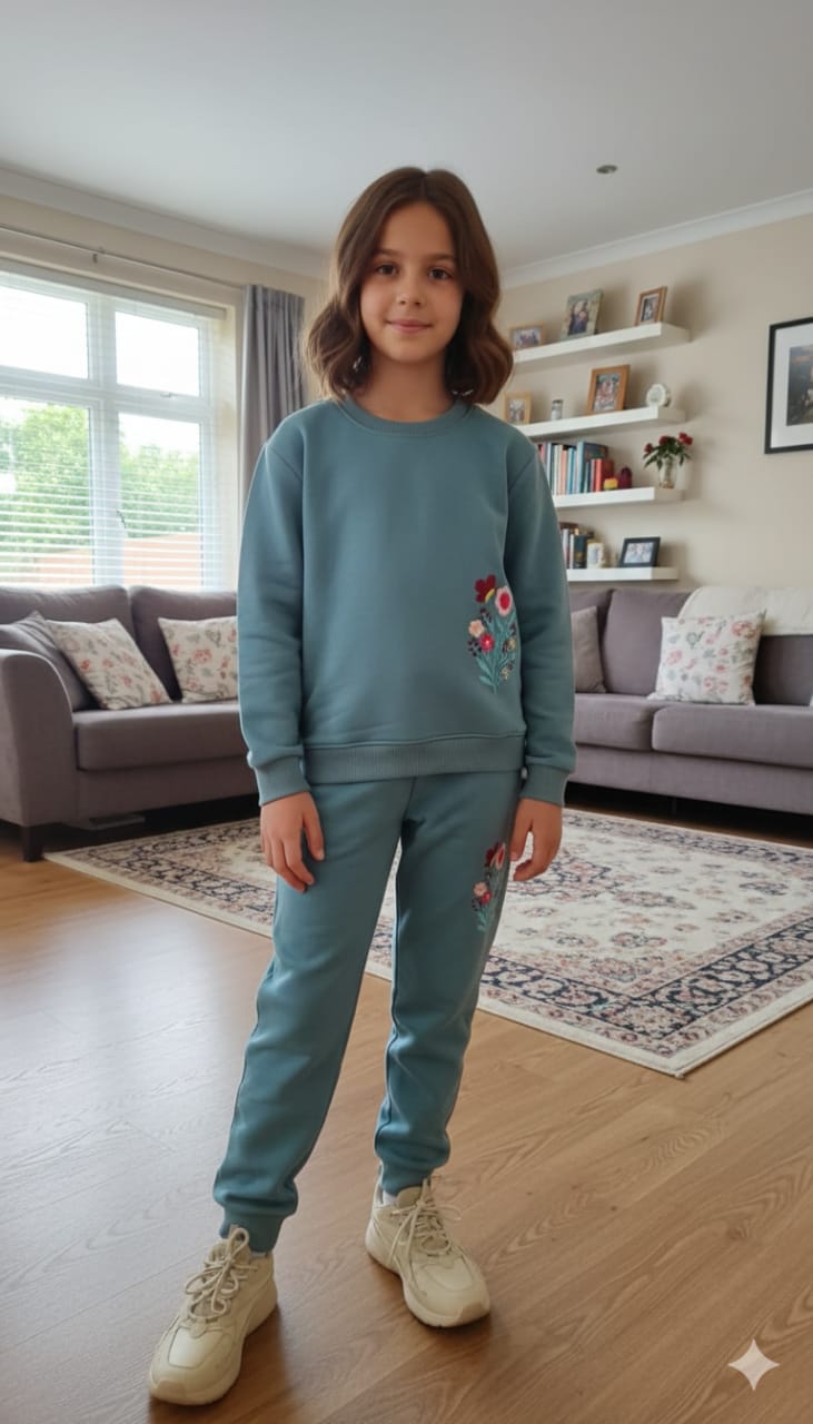 Rosy Bloom Embroidery Light Sky Track-Suit Girls ( R-6 )