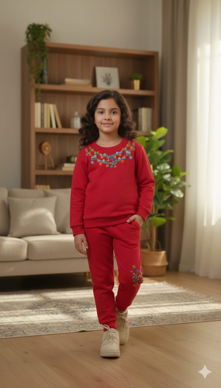 Blossom Charm Embroidery Red Track-Suit Girls ( R-1)