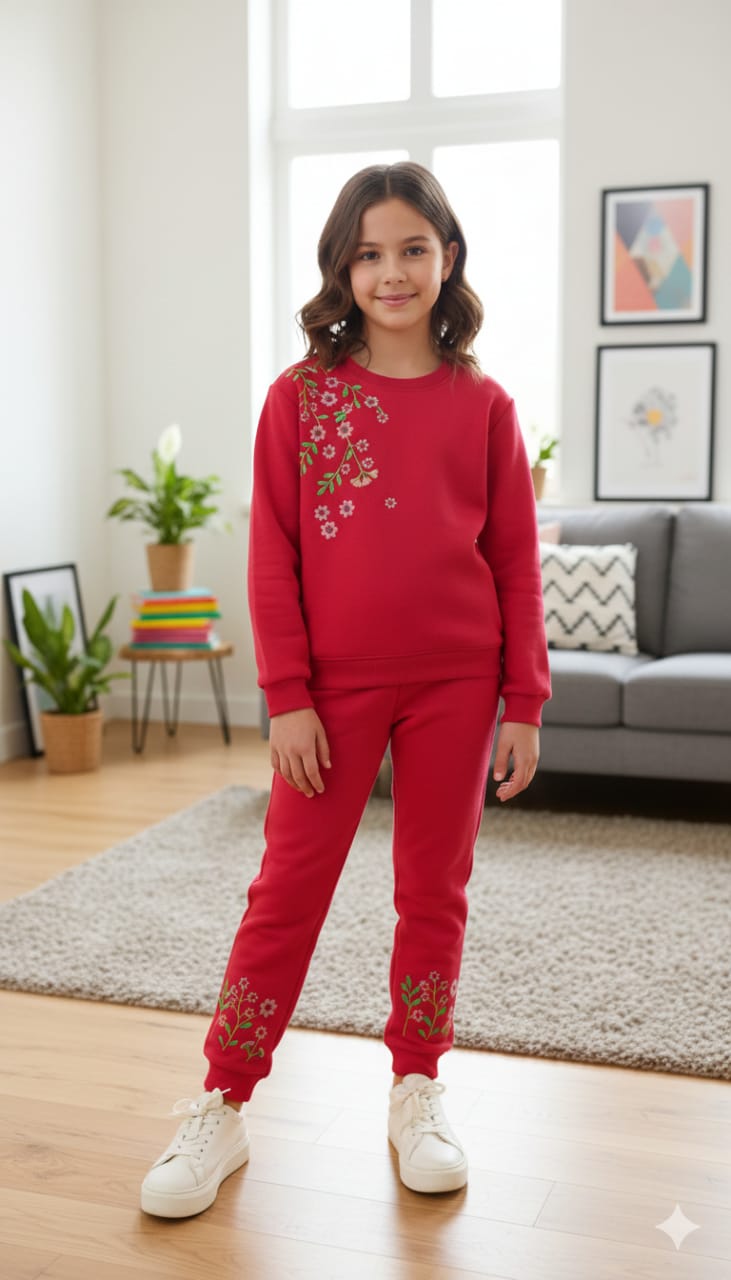 Petal Glow Embroidery Red Track-Suit Girls ( Factory )