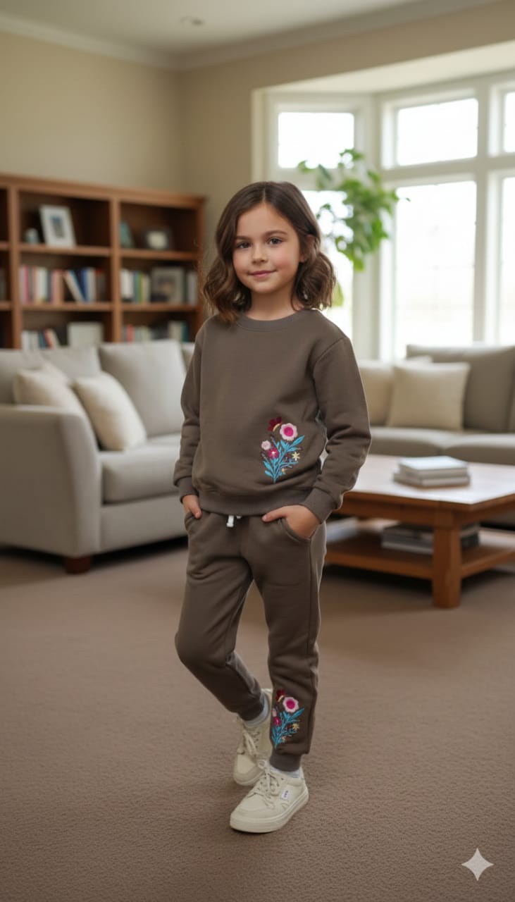 Rosy Bloom Embroidery Brown Track-Suit Girls ( R-1 )