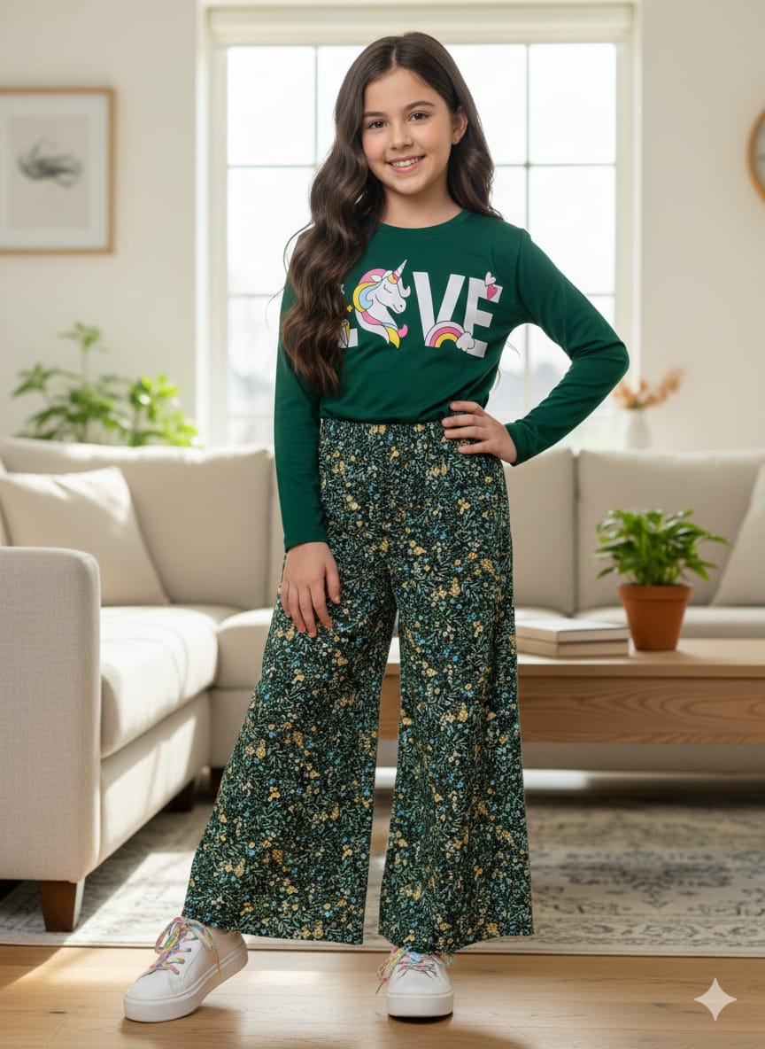 Love Unicorn Green T-Shirt & Flapper Girls ( R-475 )