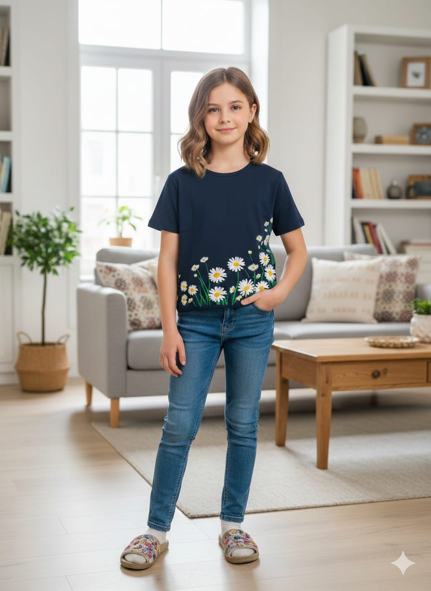 Daisy Flower From Side Navy T-Shirt Girls