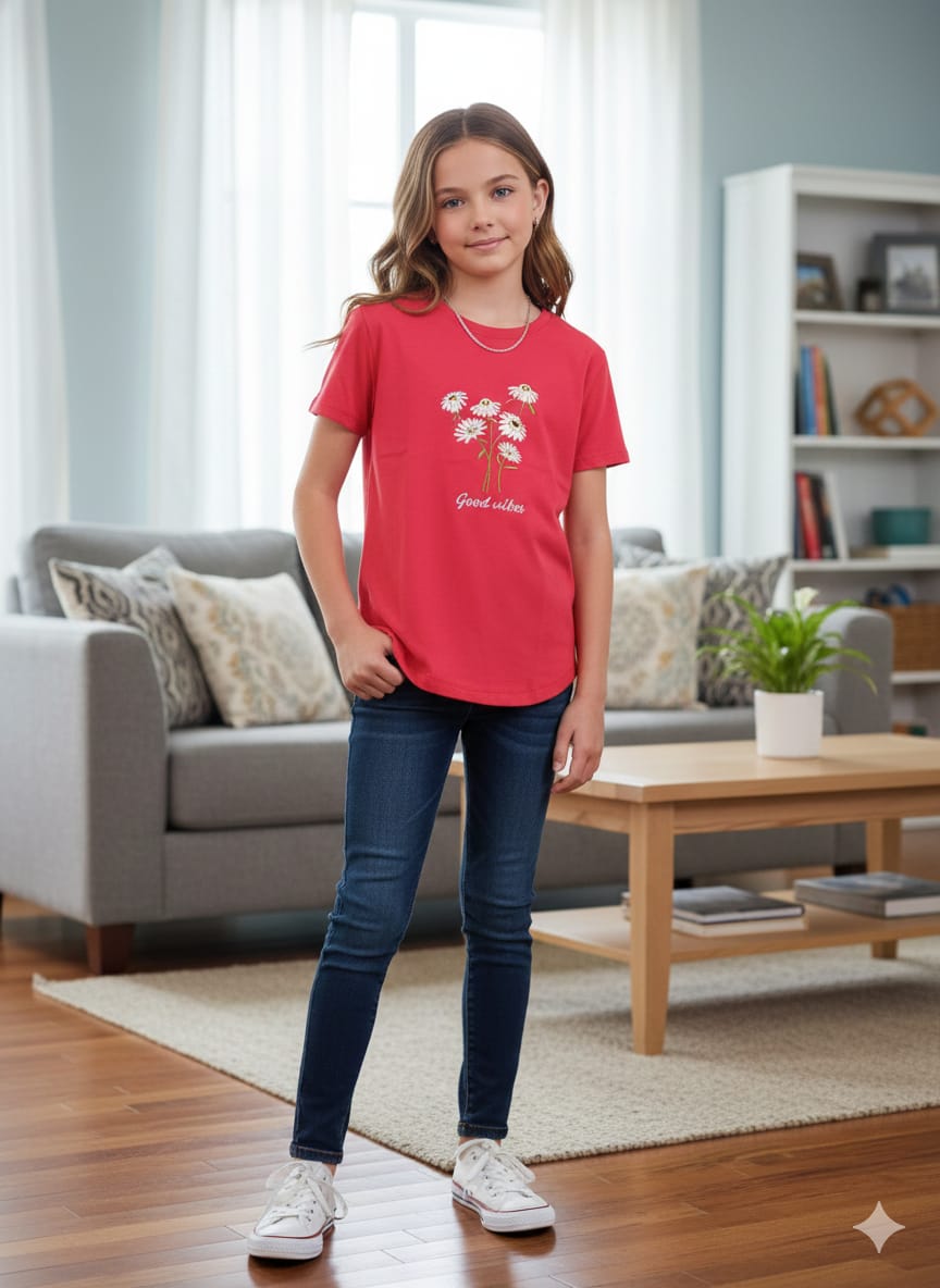 Good Vibes Embroidery Red T-Shirt Girls ( R-390 )