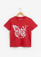 (Short Length)Many Butterfly Red  T-Shirt Girls ( R-390 )