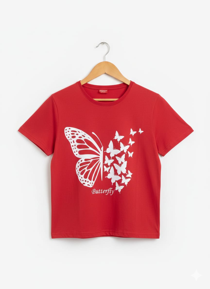(Short Length)Many Butterfly Red  T-Shirt Girls ( R-390 )