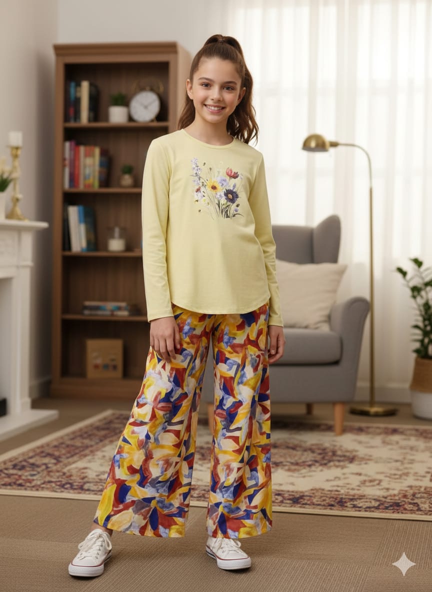 Multi Flower Print Lemon T-Shirt & Flapper Girls ( R-475)