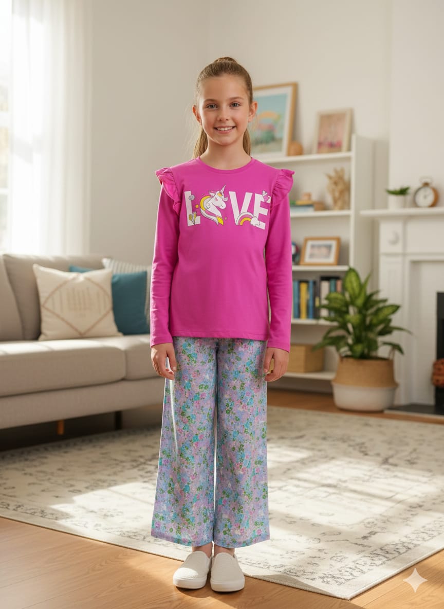 Unicorn Love Dark Pink T-Shirt & Flapper Girls ( R-494 )