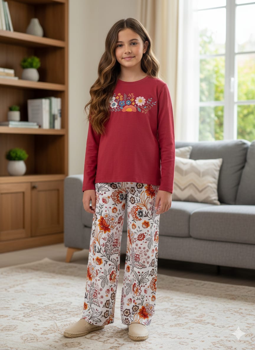 Floral Flower Print Mahroon T-Shirt & Flapper Girls ( R-483 )