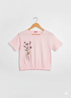 Flower From Side Baby Pink T-Shirt Girls ( R-474 )