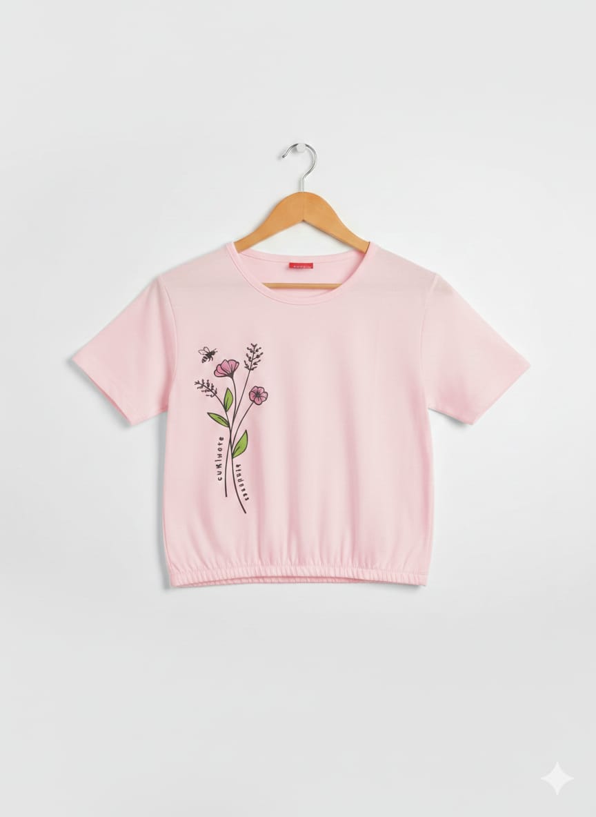 ( Short Length)Flower From Side Baby Pink T-Shirt Girls ( R-474 )