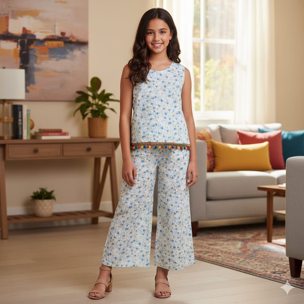 Blue Flower & Leaves Sleeveless White Pairs- Girls