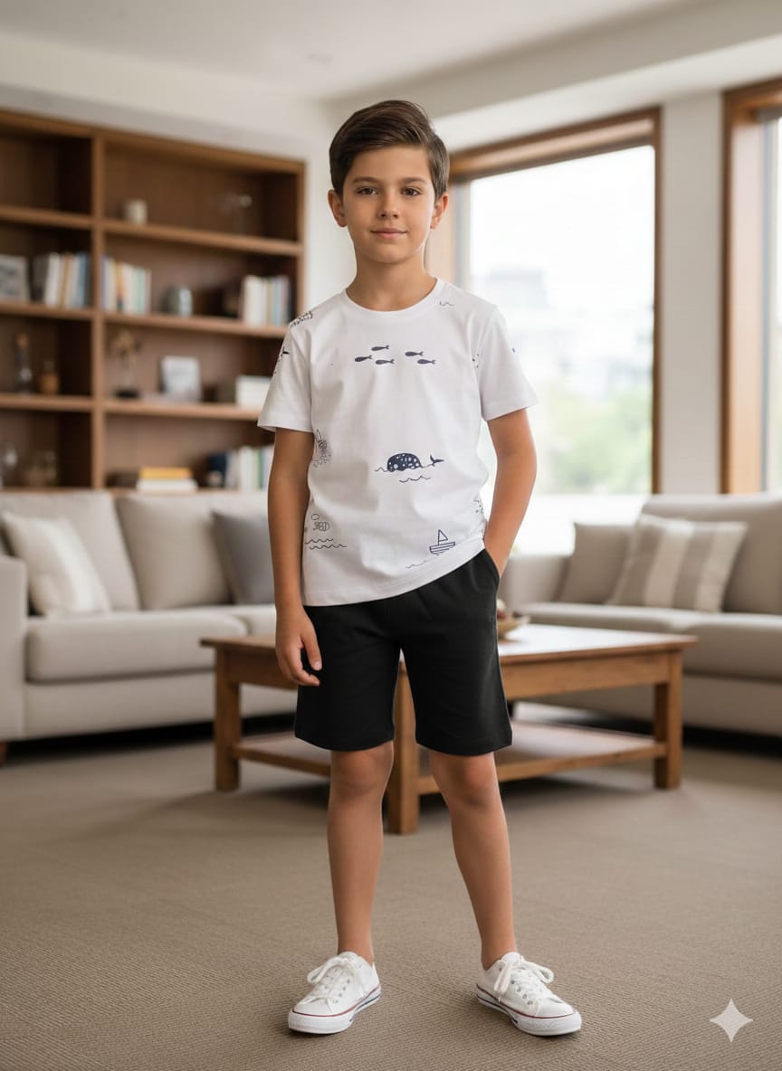 Fishes Print White Nicker Suit Boys