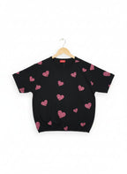 Heart All Over Print Black T-Shirt Girls