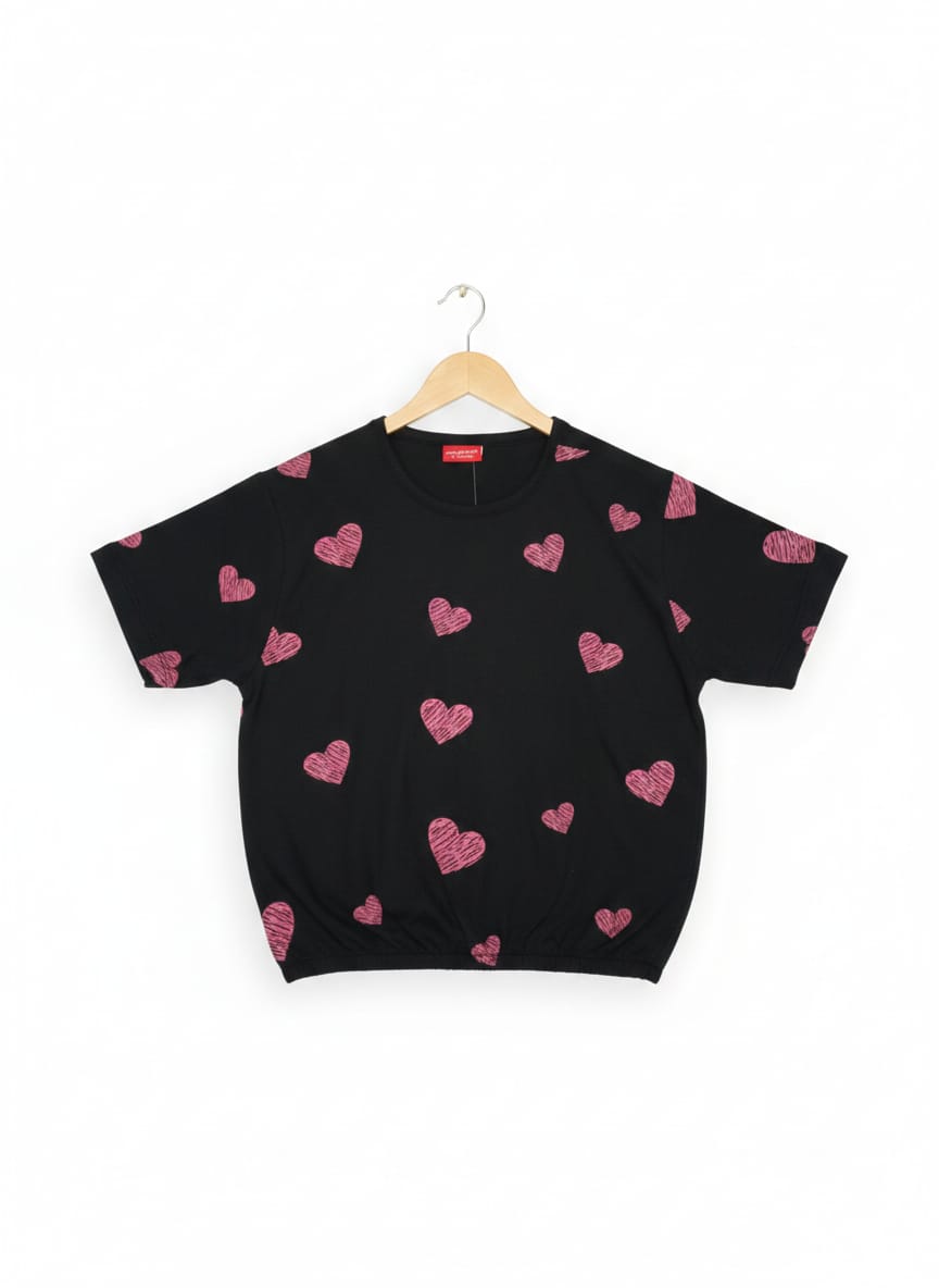 Heart All Over Print Black T-Shirt Girls