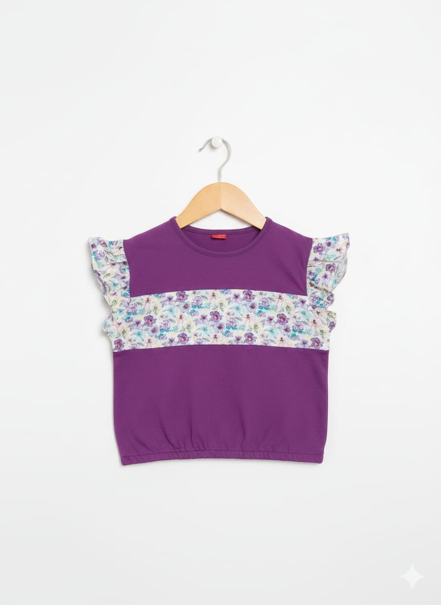 (Short Length)Purple Peach Flower Plain Side Purple  T-Shirt Girls ( R-496 )