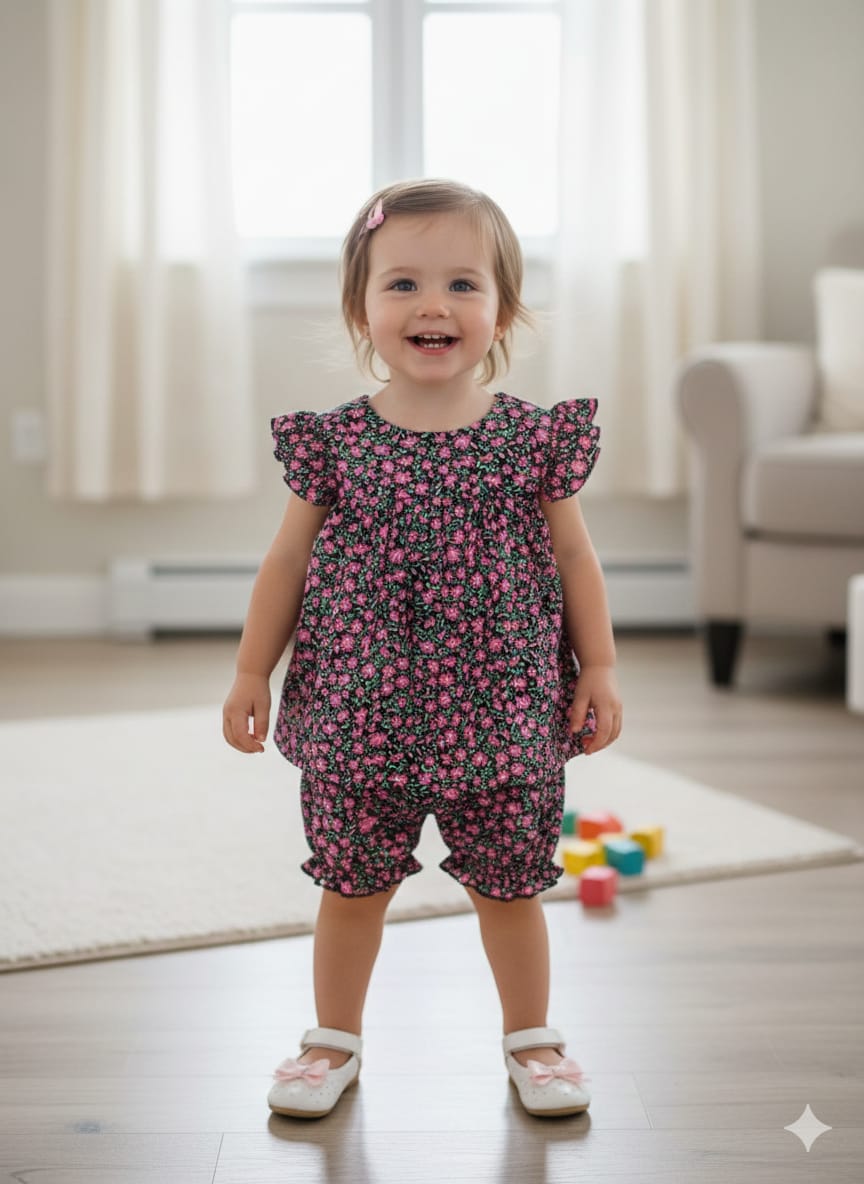 Pink Flower Black Frock Pairs New Born ( R-343 N)