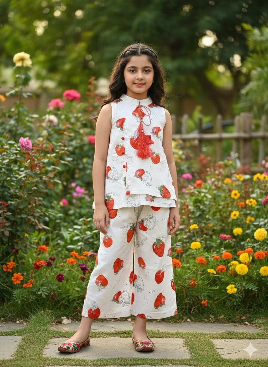 Strawberry Print White Angrakha Style Pairs Girls