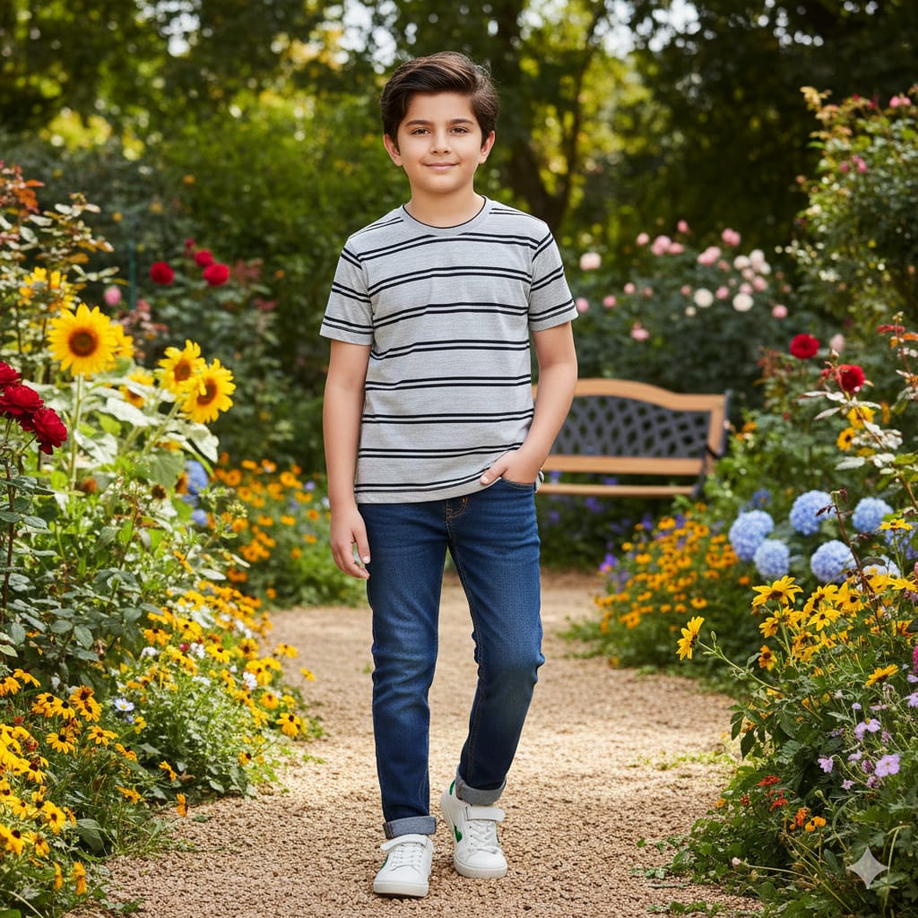 Black Line Print Gray T-Shirt-Boys(R-378)