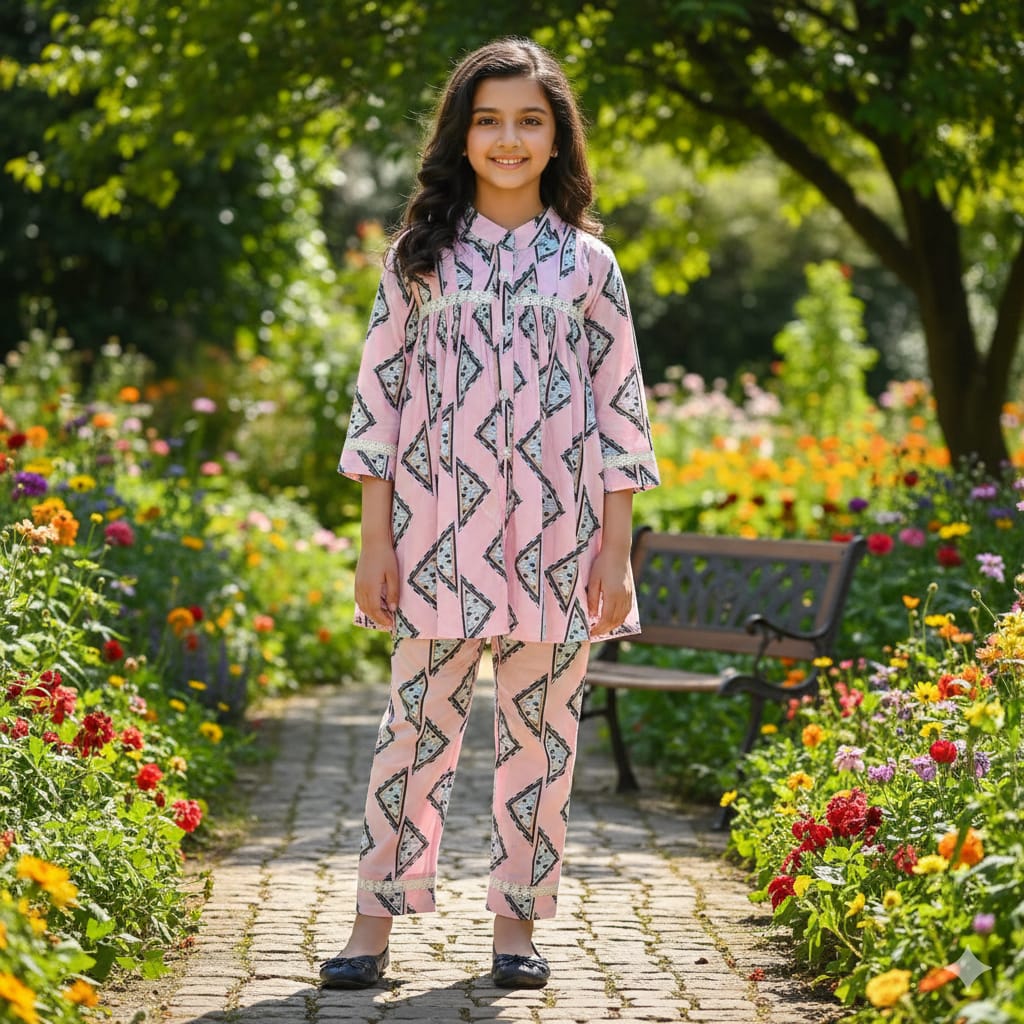 Black & White Triangle Print Pink Top Suit- Girls ( R-200 )