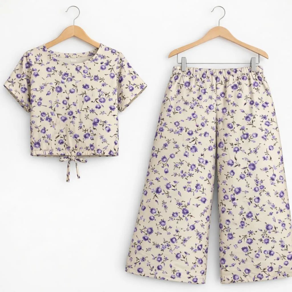 Purple Flower Leaves Half Sleeve Cream Skate Fish Girls ( R-104N )