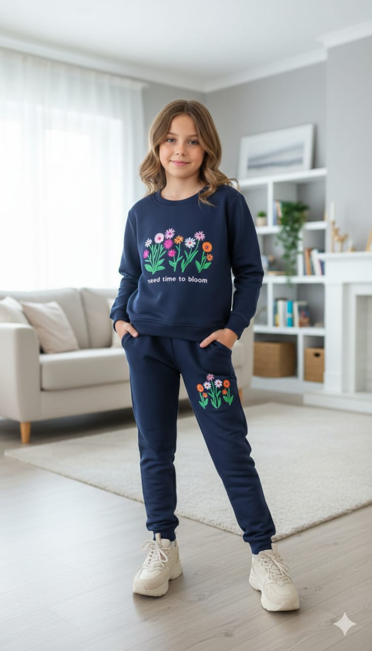 Multi Color Sun Flower Embroidery navy Track suit- Girls ( R-112 )